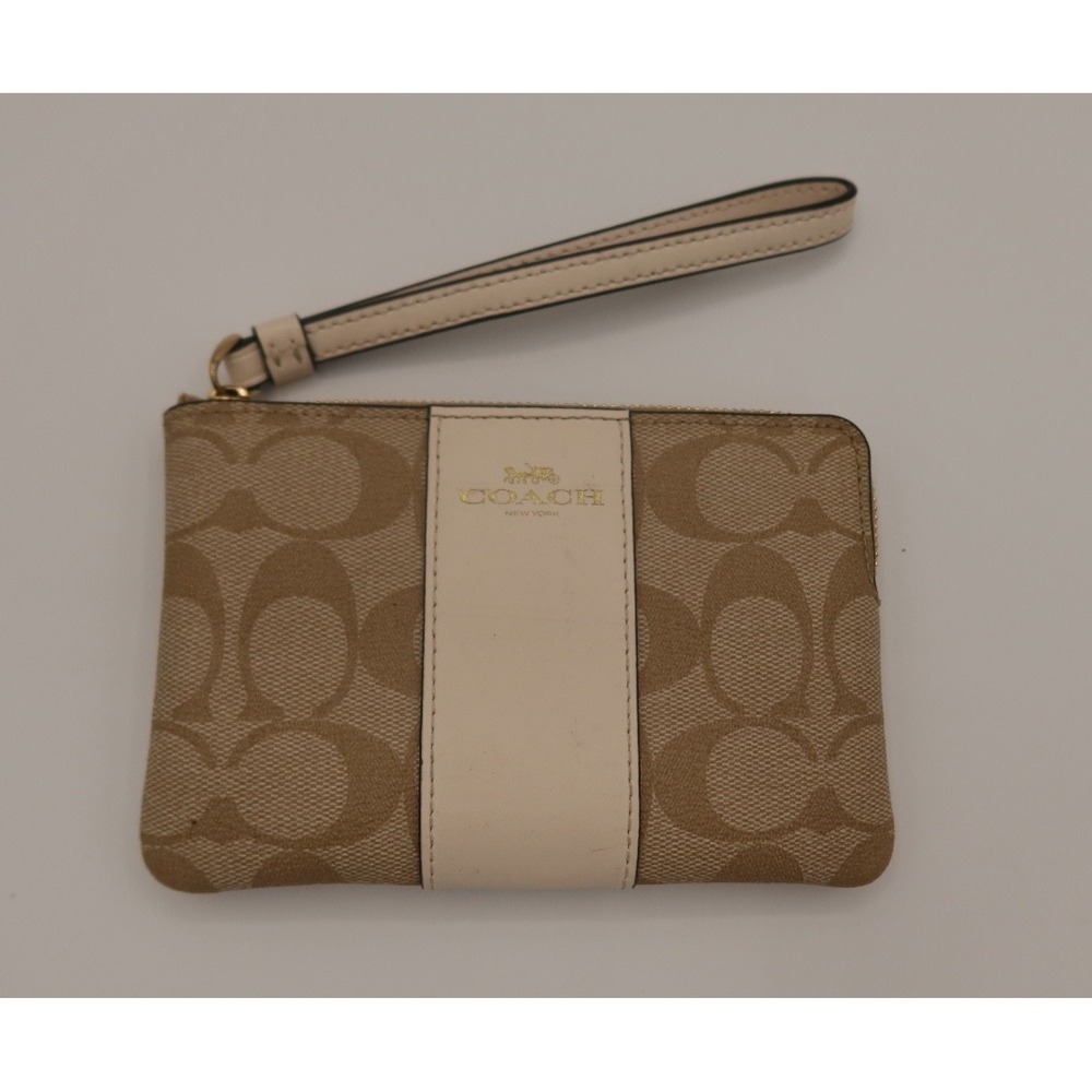 Coach Signature C Wristlet Tan Ivory Leather Zip Pouch Wallet Gold Logo